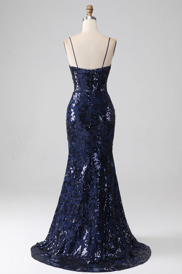 Vestido de fiesta de lentejuelas de lentejuelas brillantes con tirantes de espagueti con abertura